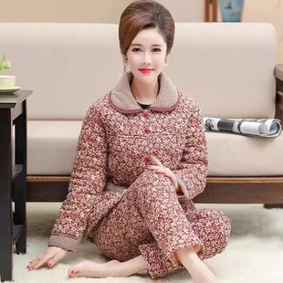 40-55岁睡衣女款冬季纯棉加厚三层夹棉中老年人妈妈保暖家居服60