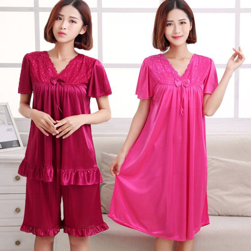 夏季短袖冰丝睡衣女加肥大码胖mm家居服套装特大码蕾丝睡裙XXXXL