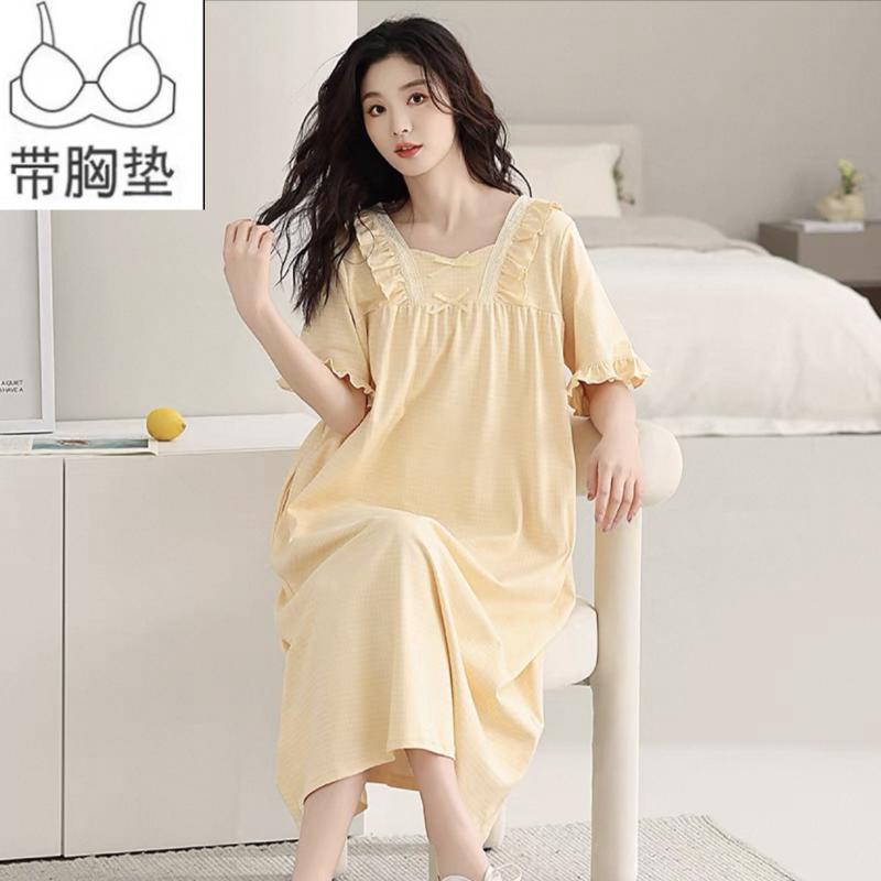 甜美风纯棉过膝睡裙女夏季短袖中长款自带文胸垫睡衣公主风家居服