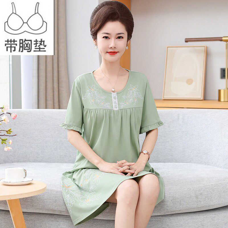 聚拢收缩带胸垫莫代尔睡裙女夏季薄款短袖中年妈妈睡衣大码家居服