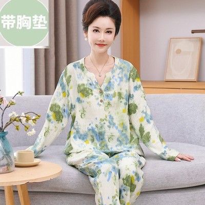 带文胸垫睡衣女长袖长裤纯棉妈妈春秋季薄款套头大码中老年人套装