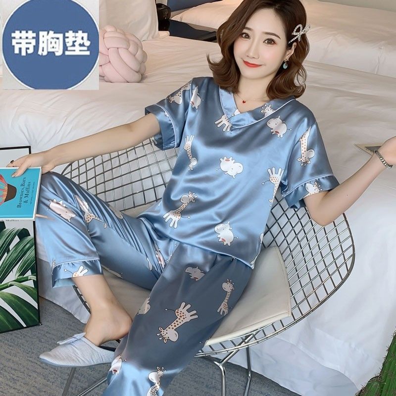 冰丝绸睡衣女士夏季带胸垫家居服