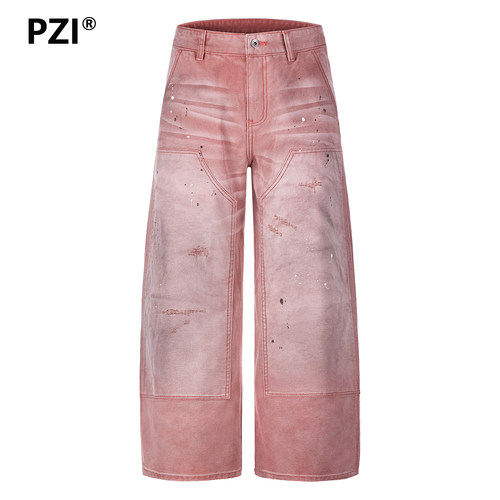 PZI美式高街潮牌夏季粉色做旧泼墨工装宽松直筒休闲裤男破洞长裤