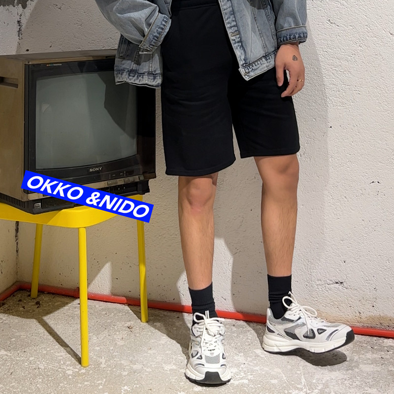 OKKO周边休闲短裤男潮夏季韩版黑色宽松棉质裤子运动五分灰色针织