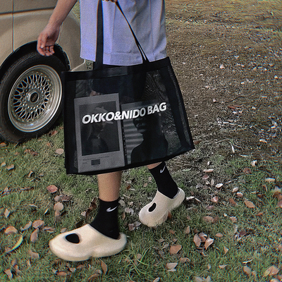 OKKO周边 黑色半透明走秀网纱单肩购物袋手提袋网眼沙滩旅行收纳