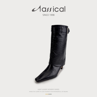 卡斯高2025新冬季真牛皮复古裤管靴粗中跟欧美时装长靴直筒靴女靴