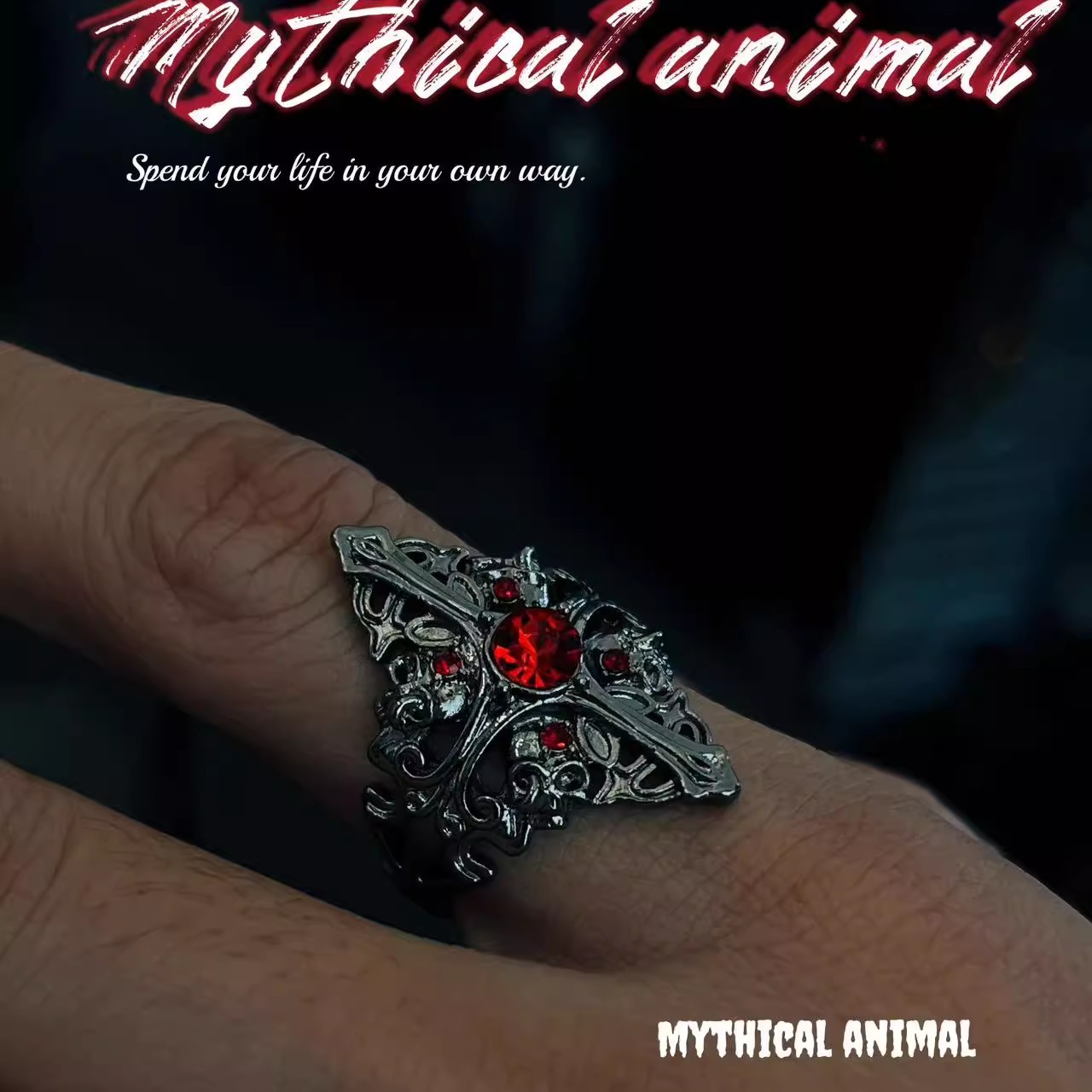 跨境欧美哥特风十字架镶钻红宝石开口戒指个性设计暗黑男女生指环