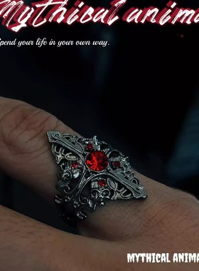 跨境欧美哥特风十字架镶钻红宝石开口戒指个性设计暗黑男女生指环