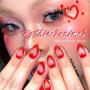 烈日红心！欧美手工红色爱心穿戴甲红色美甲多巴胺美甲手工辣妹甲