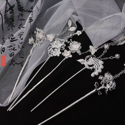 银色素雅发簪高级感新中式花朵蝴蝶发钗古风盘发发饰头饰簪子步摇