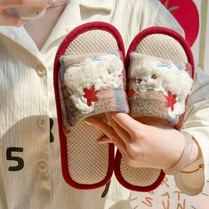 四季亚麻拖鞋女卡通猫咪家居室内软底夏季透气吸汗棉麻凉拖鞋男士