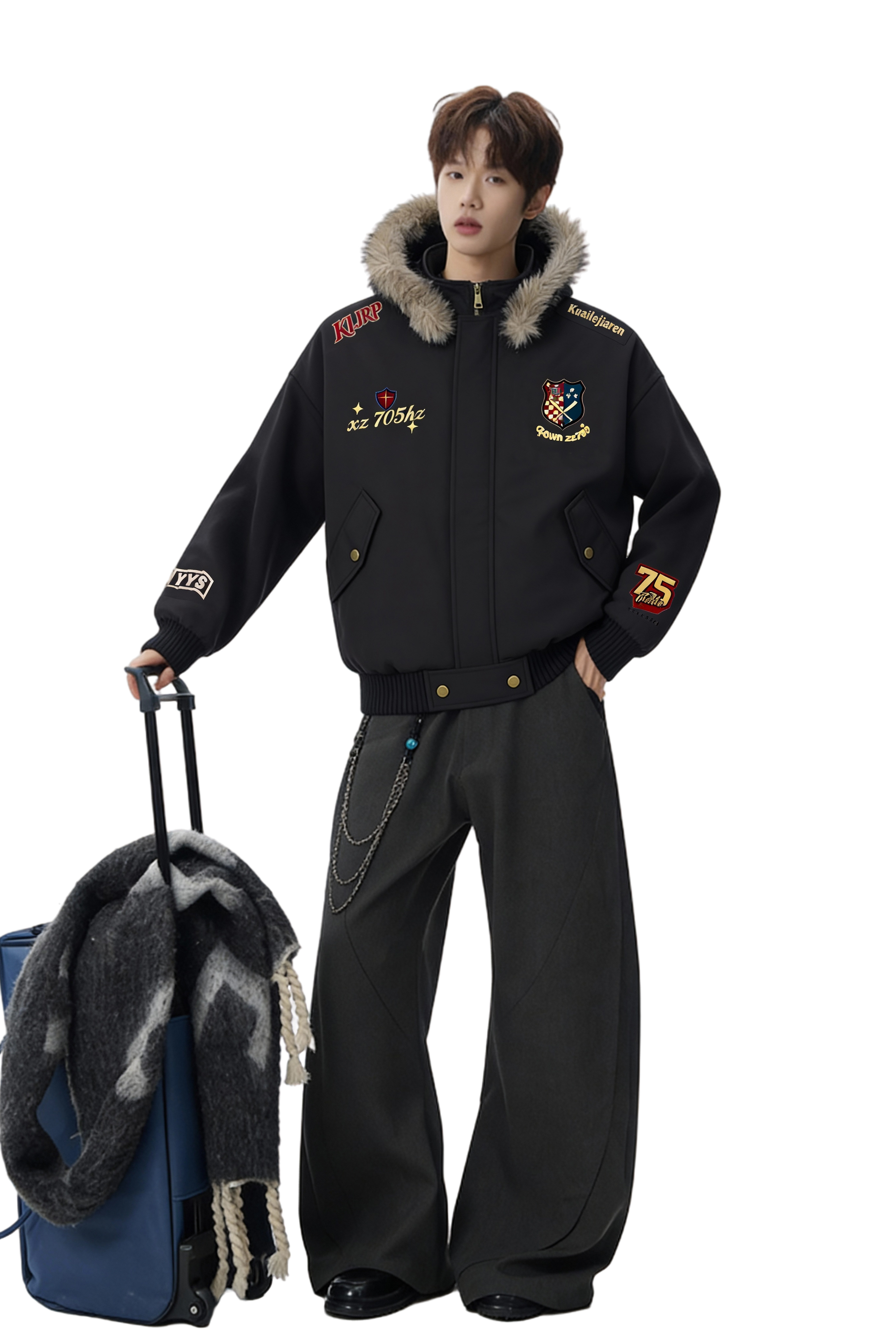 【三色现货高品质】复古刺绣徽章拆卸帽毛领棉服705-M73699-P100,男装棉衣,星座705