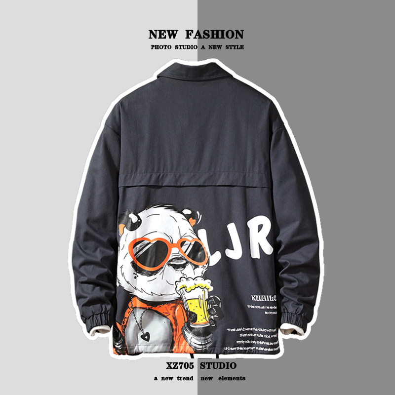 2020秋裝新款時尚印花翻領水洗棉男夾克外套灰底