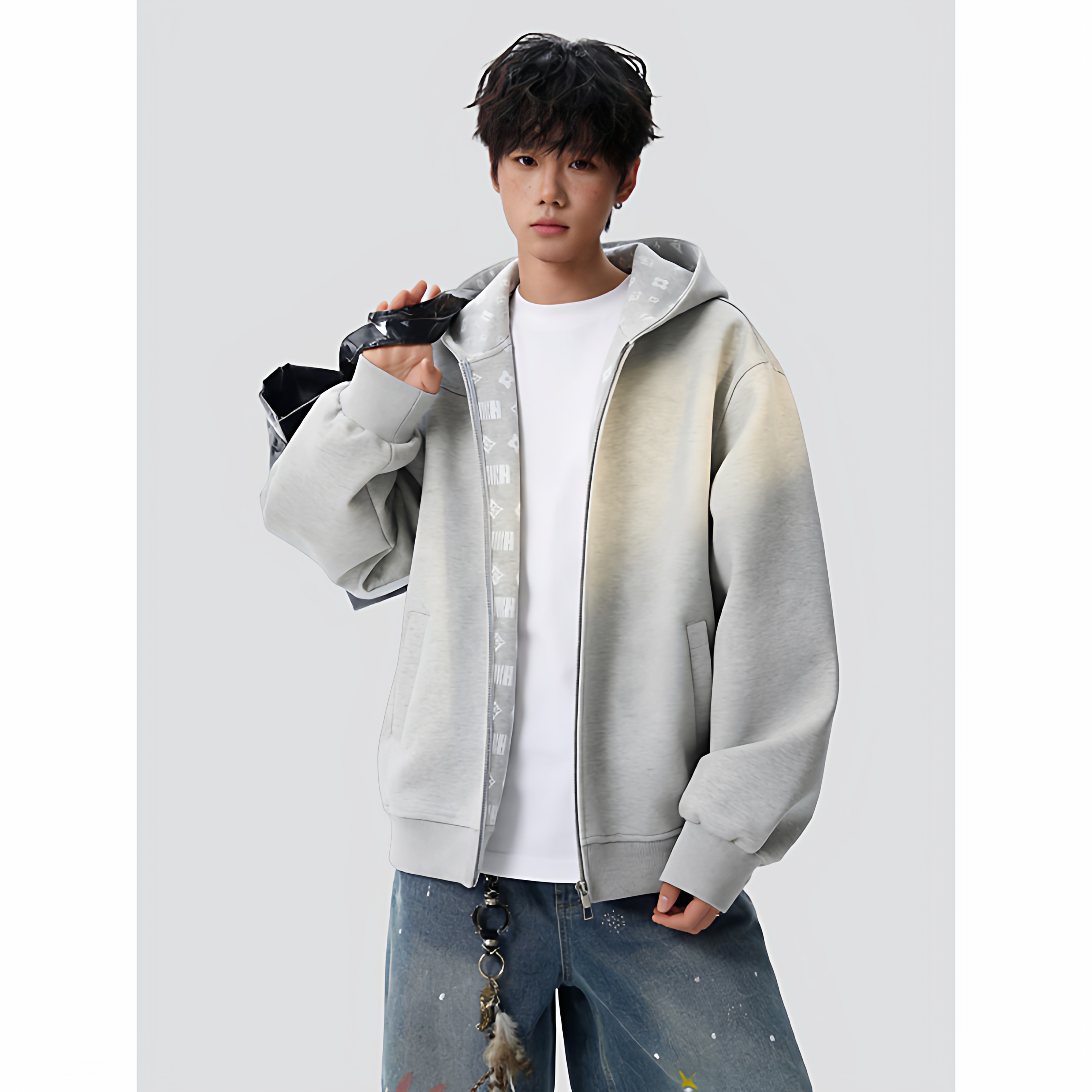 26春美式解构多拉链连帽开衫卫衣男女秋冬廓形外套705-jk5902-P45，女装短外套，星座705