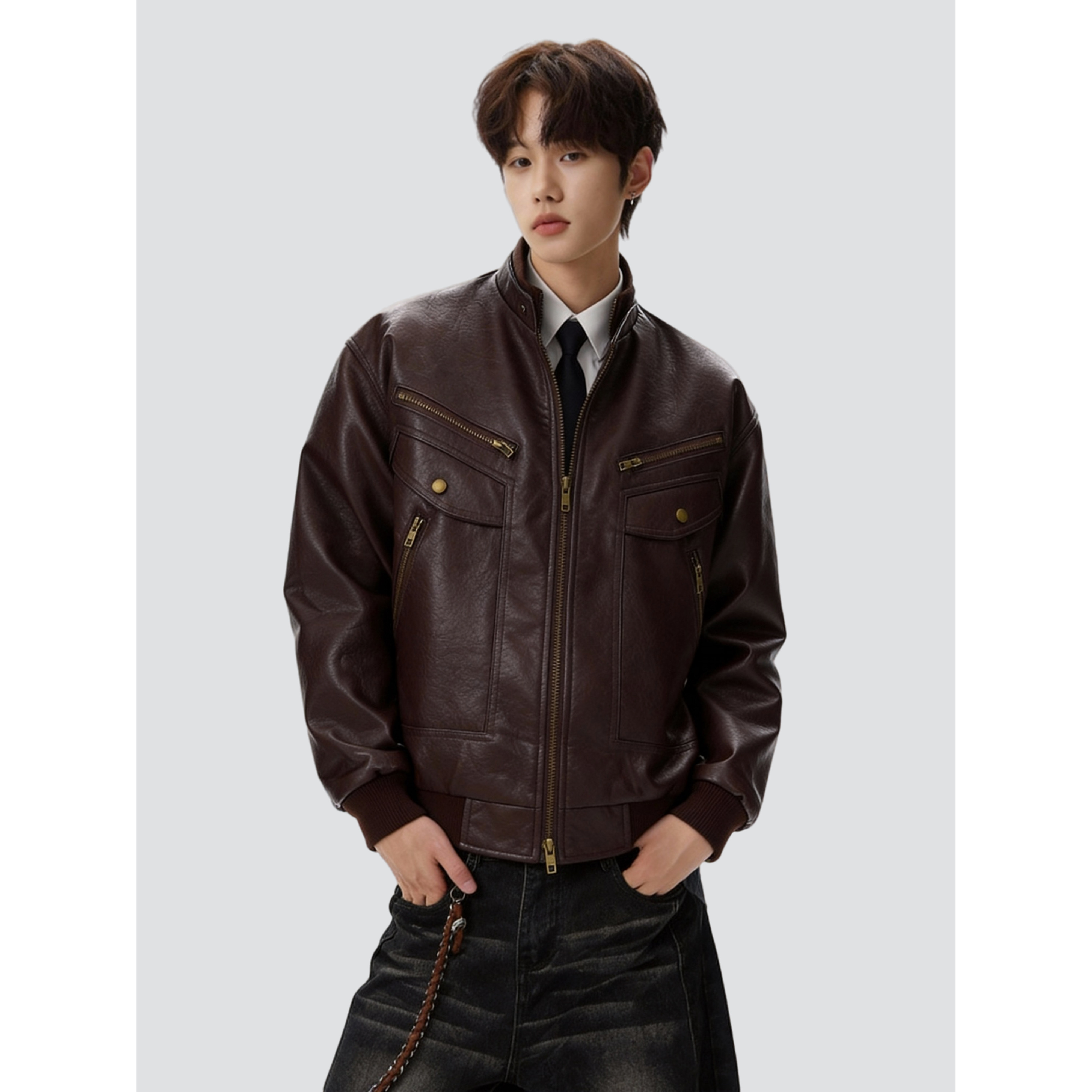 26春美式复古肌理感PU皮衣立领外套男潮牌街头705-JK5889-特P88，男装皮衣，星座705