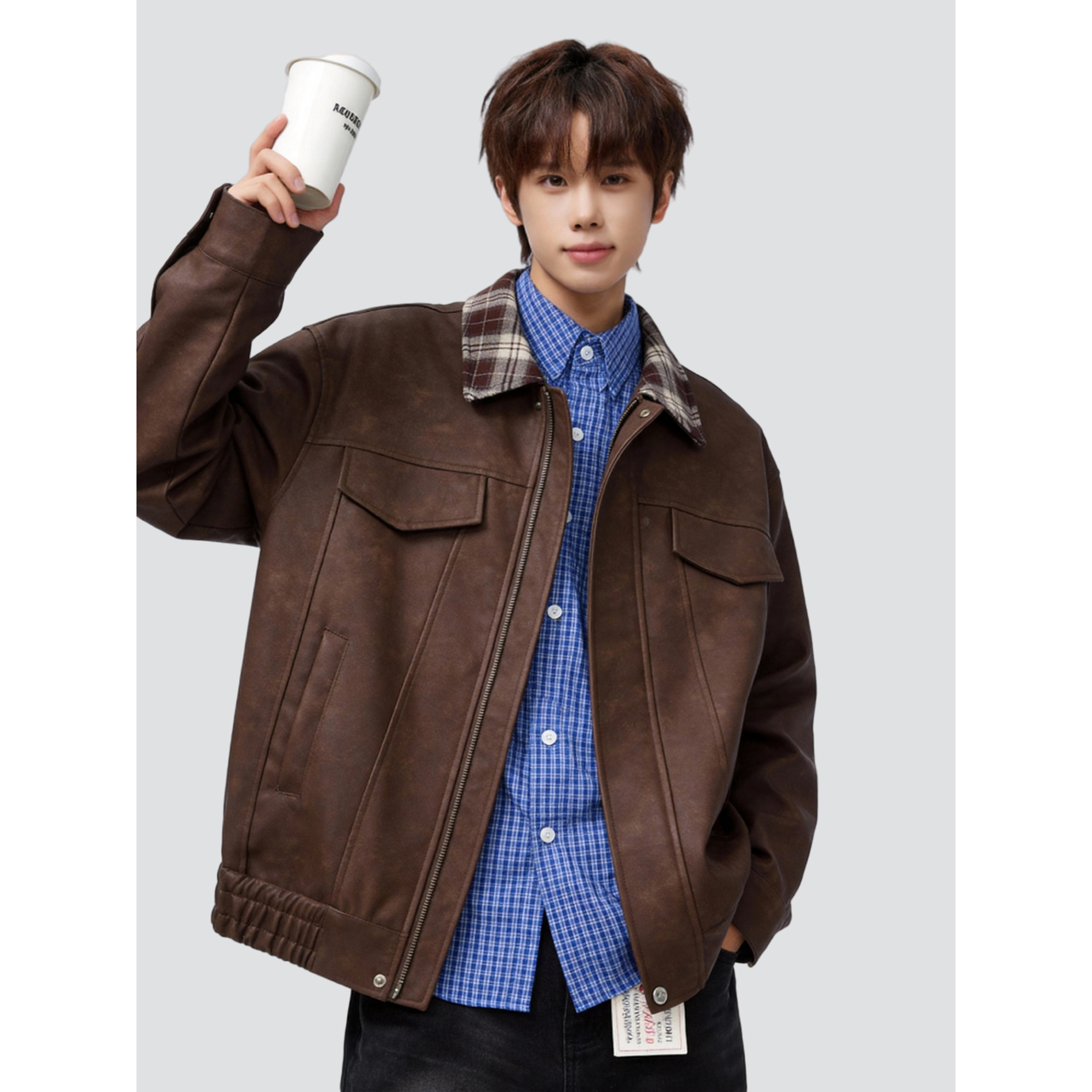 26春美式复古撞色格子翻领皮衣男女外套宽松上衣705-JK5887-特P70，男装皮衣，星座705