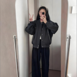 中性款现货秋新美式复古拼接棒球服拉链夹克呢外套705-W8867-P95，男装夹克，星座705