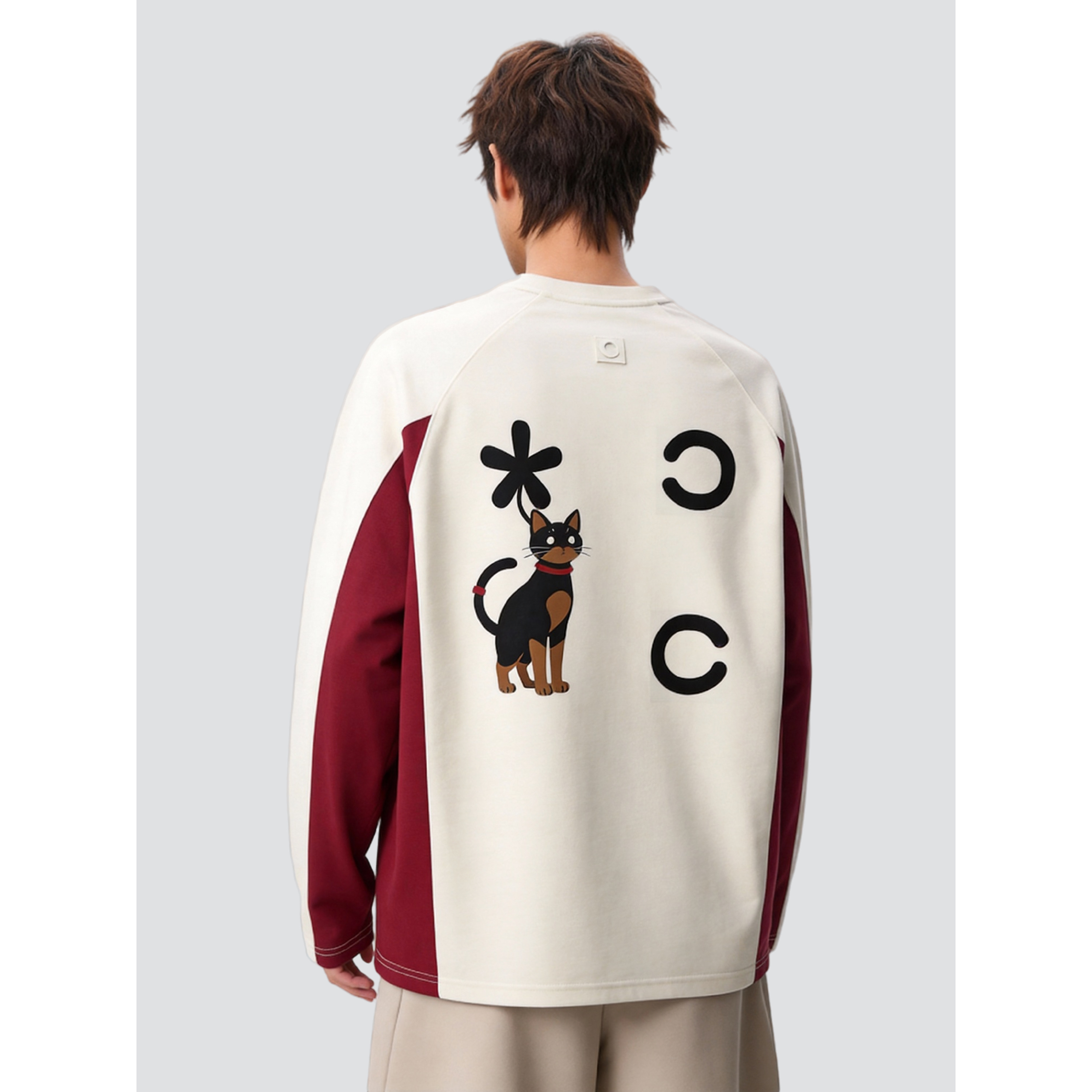 26春美式小猫印花长袖T恤春秋款撞色拼接宽松上衣705-WY1665-P38，男装T恤，星座705