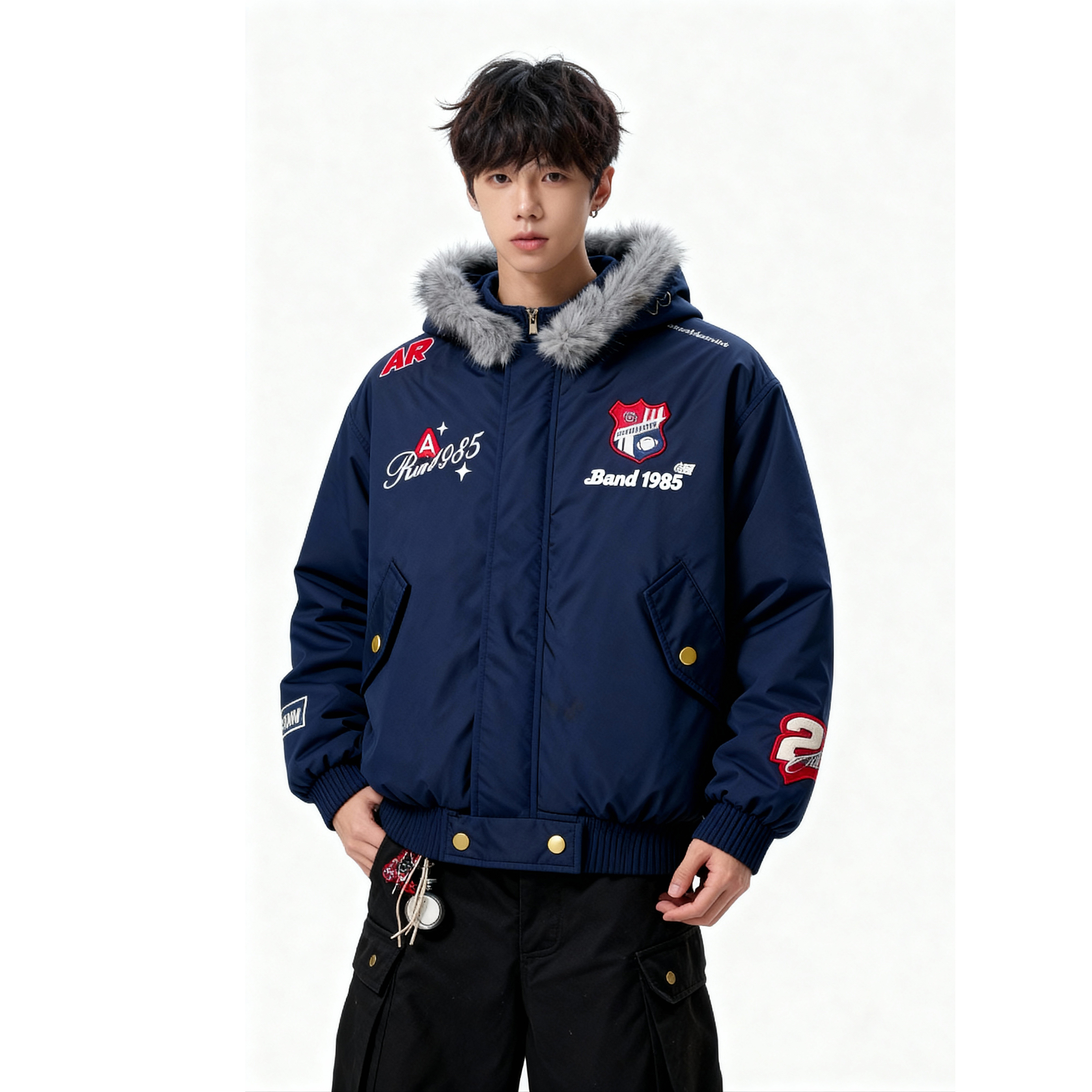 25冬复古刺绣徽章座山雕拆卸帽毛领美式暖棉服特批705-M3699-P100图片