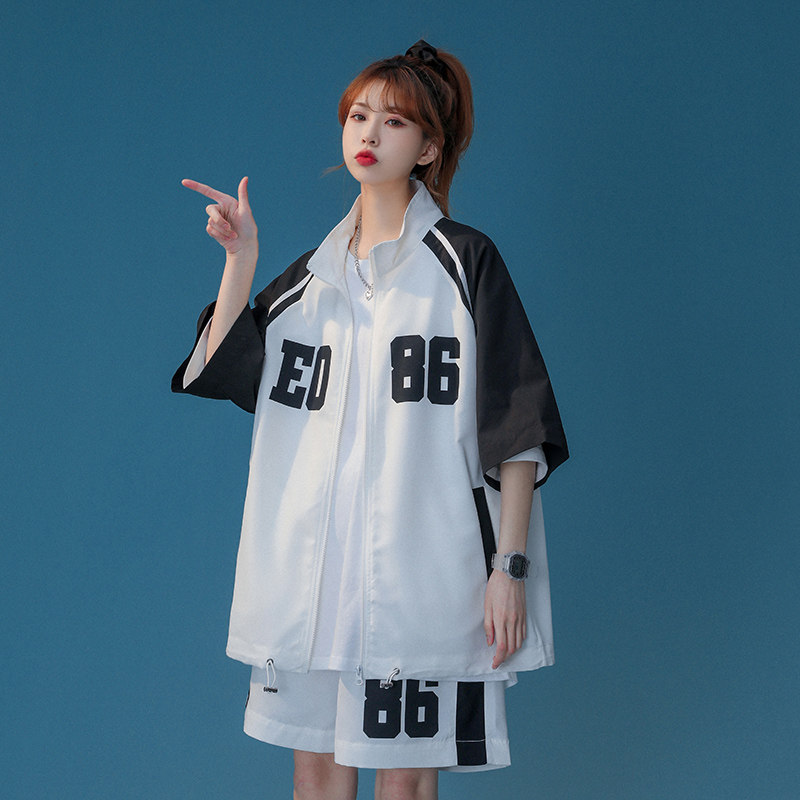 25夏款宽松休闲立领印花拼色大码短袖套装港风班服705-F03-P65,男装休闲套装,星座705