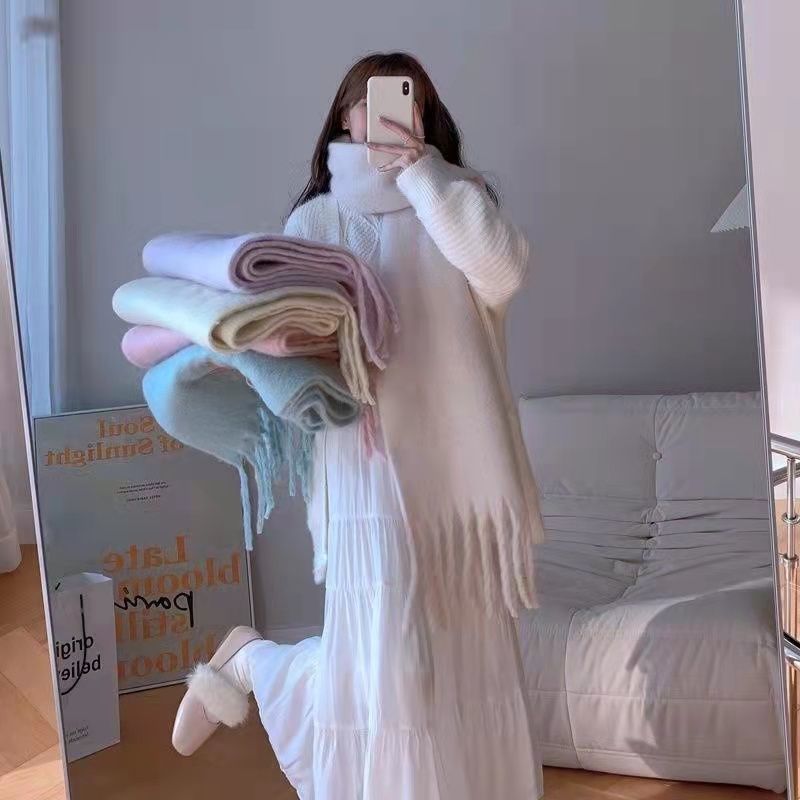 围巾女白纯色马卡龙色加大冬季慵懒风保暖围巾超大超厚配大衣学生