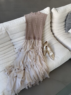 NONETONE · 针织手钩花拼接真丝荷叶边无袖真梭拼气质优雅连衣裙