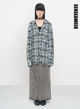 【张真源同款】SENSEAWEEK宽松延长领衬衫蕾丝格纹毁坏衬衣