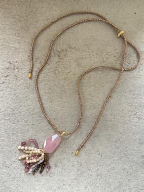 AIHPOS 索壹陆粉晶流苏贝壳虎眼草莓晶红纹编绳项链