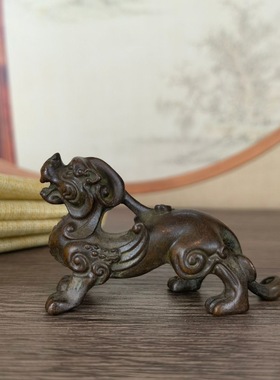 复古包浆合金茶宠貔貅摆件实心独角兽茶台桌面老铜器