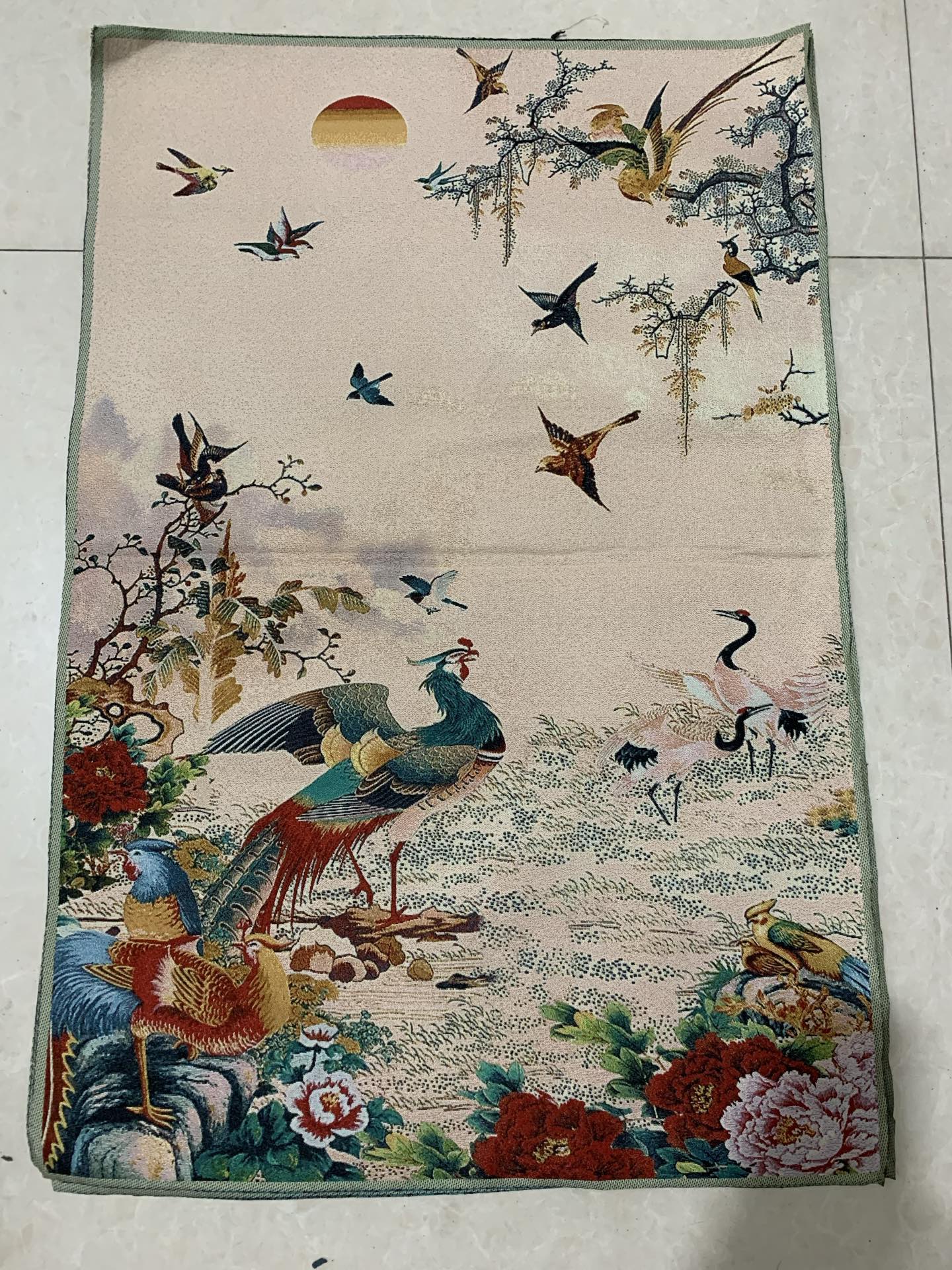 唐卡刺绣凤凰牡丹图挂画织锦布画花鸟图条幅壁画客厅装饰画墙面图片