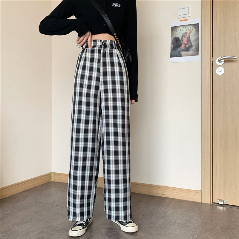 Real price ~ small high waist Plaid wide leg pants women's elastic waist loose straight pants