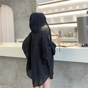 RY1583#个性甜BF风宽松中长款连帽抽绳口袋防晒开衫衬衣