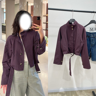 腰带夹克外套宽松显瘦减龄百搭上衣女 2025春夏酒红色纽扣立领短款