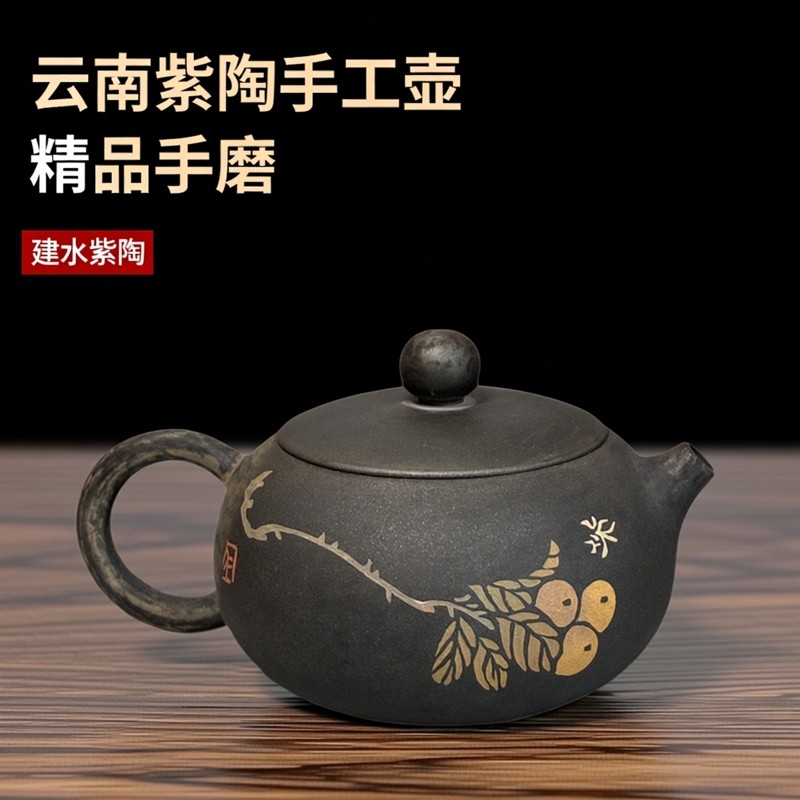 云南建水紫陶纯手工壶阴刻阳填彩填迷你西施小壶手磨精品大师茶壶