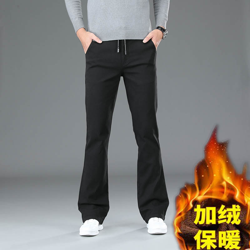 冬新款男微喇叭牛仔裤子 加绒加厚保暖弹力修身松紧腰抽绳牛仔裤