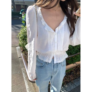 衬衫 ble温柔v领木耳边收腰长袖 上衣女 韩国veget 甜妹入2026春新款