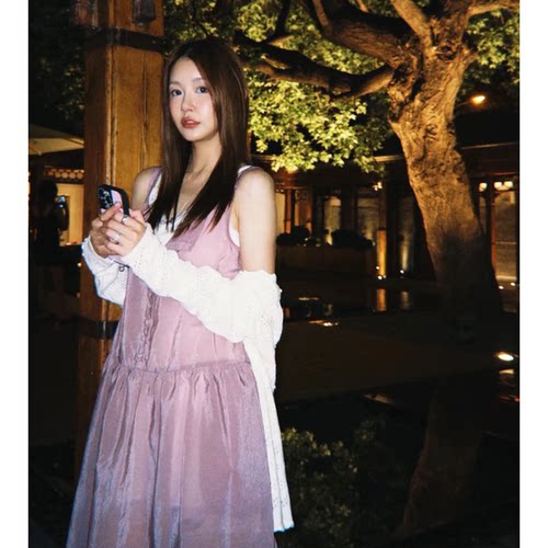 秒发！滕姐同款灰紫色吊带裙韩国2026夏季新款方领醋酸连衣裙女