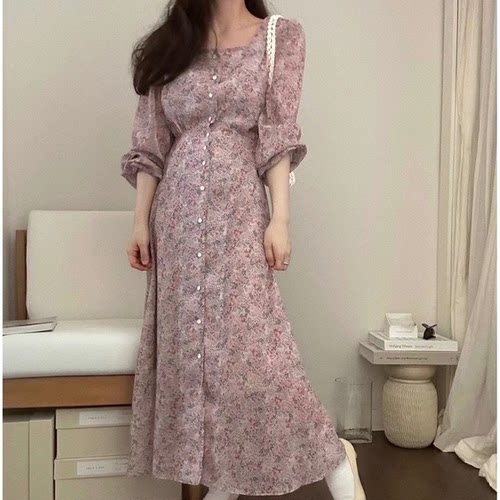 大促清仓！imissyou方领系扣碎花防晒连衣裙韩国法式温柔中长裙女