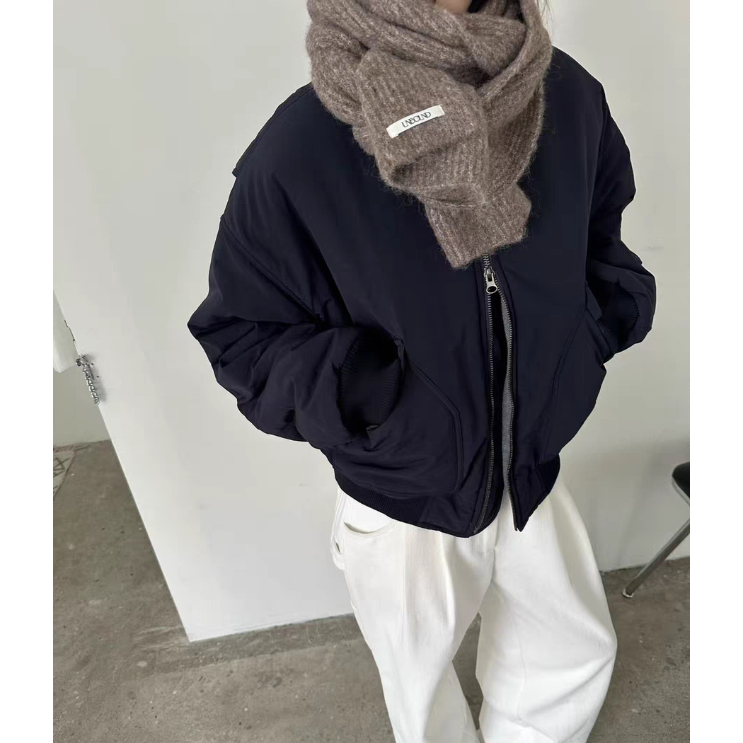 秒发！慵懒休闲翻领短款棉服韩国25冬简约纯色宽松百搭拉链外套女