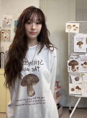 韩国fletta2026春季新款蘑菇印花明线设计宽松慵懒休闲长袖T恤女