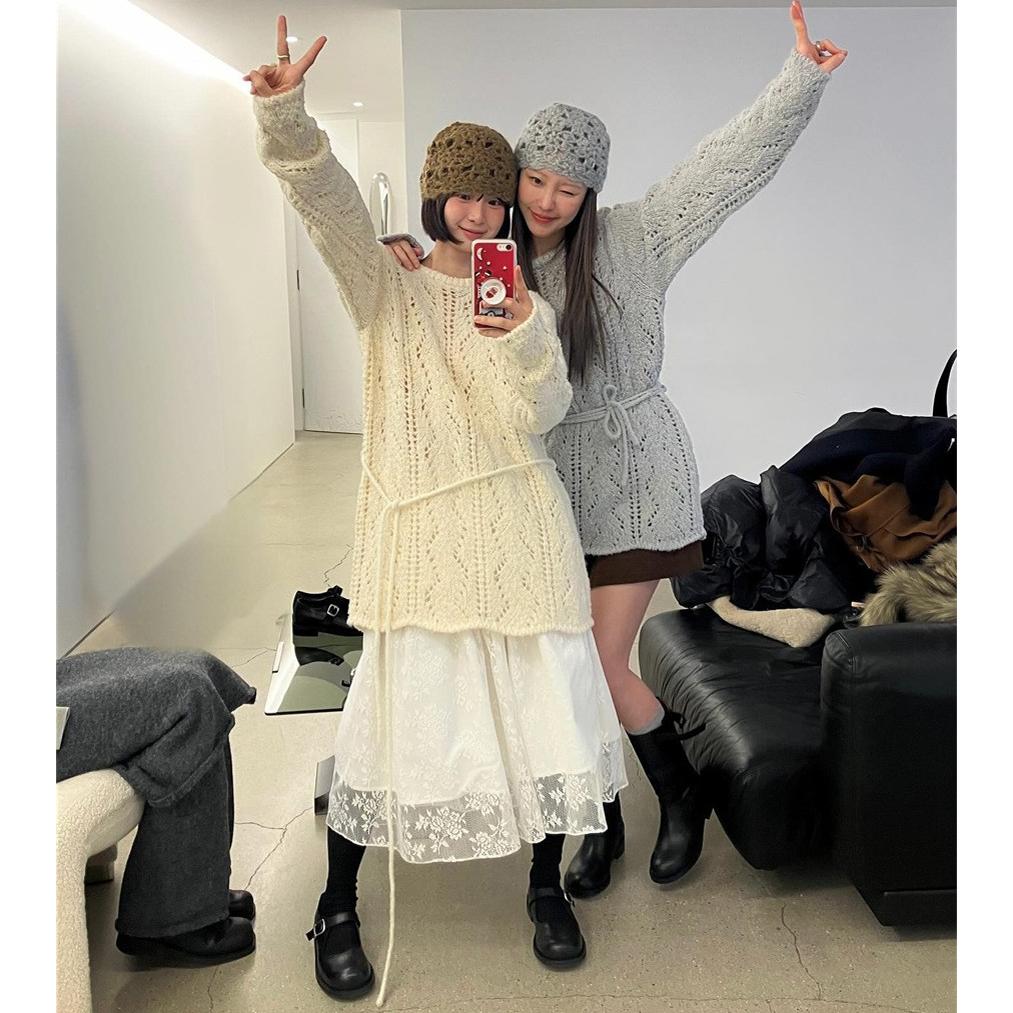 秒发!设计师款25秋韩国atelier *dition钩花镂空绑带毛衣外套