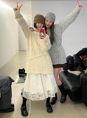 秒发！设计师款25冬韩国atelier *dition钩花镂空绑带毛衣外套