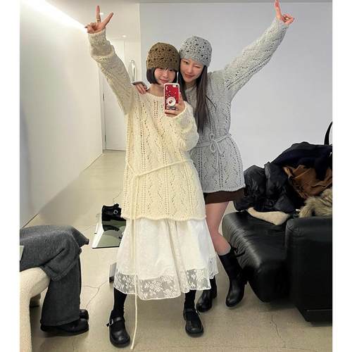 秒发！设计师款25冬韩国atelier *dition钩花镂空绑带毛衣外套