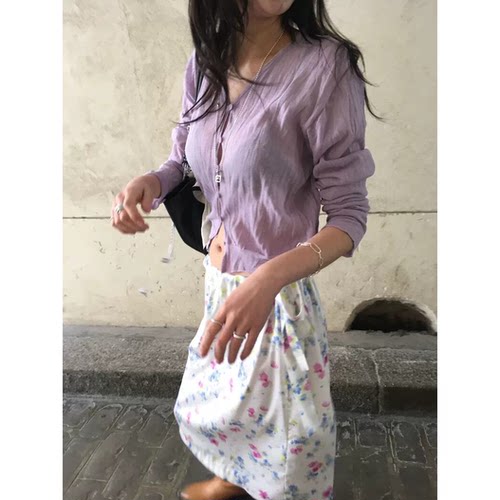 莫奈花园碎花半身裙韩国呼吸家2026夏季新款温柔系带A字中长裙女