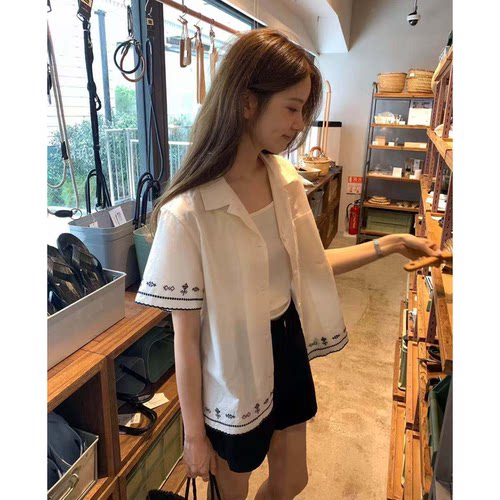 现货！OUNCE刺绣花边设计短袖衬衫韩国26夏新款简约单排扣上衣女