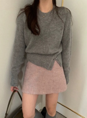 秒发！韩国设计师pretty young thing下摆开叉羊毛针织毛衣