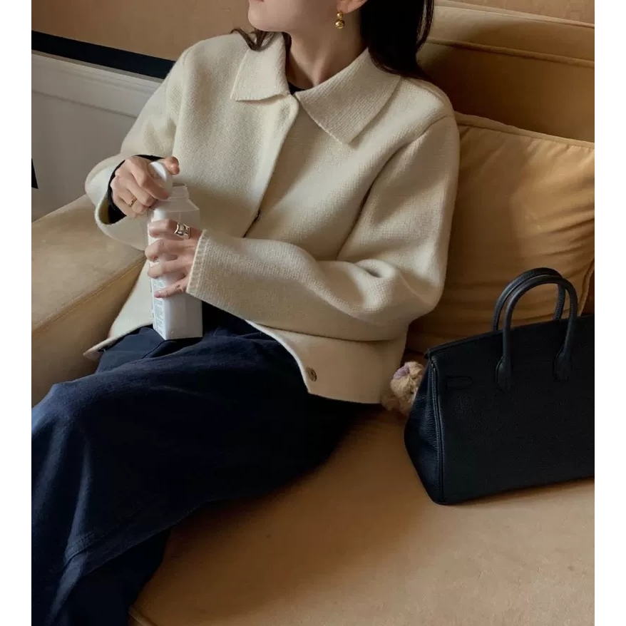 现货！美娜家简约纯色毛衣外套韩国25冬le*obe翻领暗扣针织开衫女