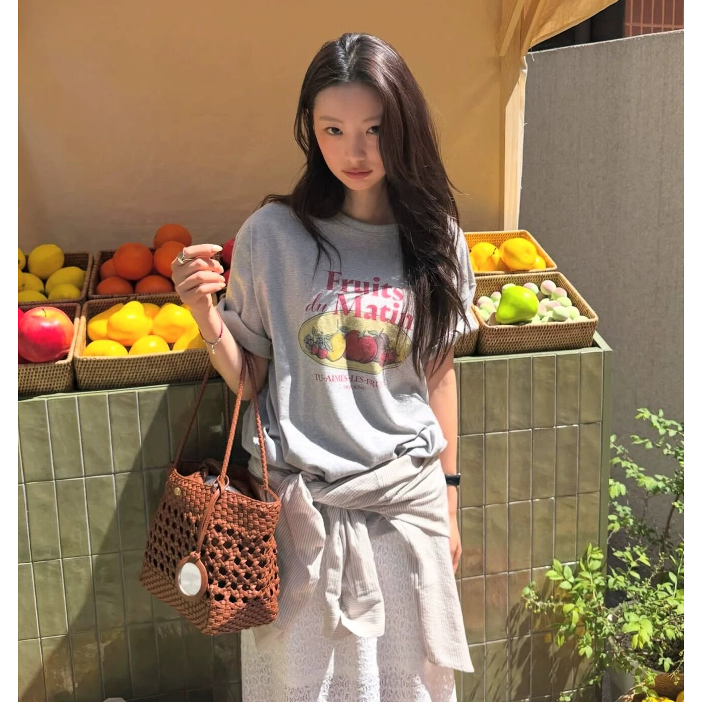 温柔风天菜水果印花T恤蕾丝镂空半身裙两件套韩系新款显瘦套装女