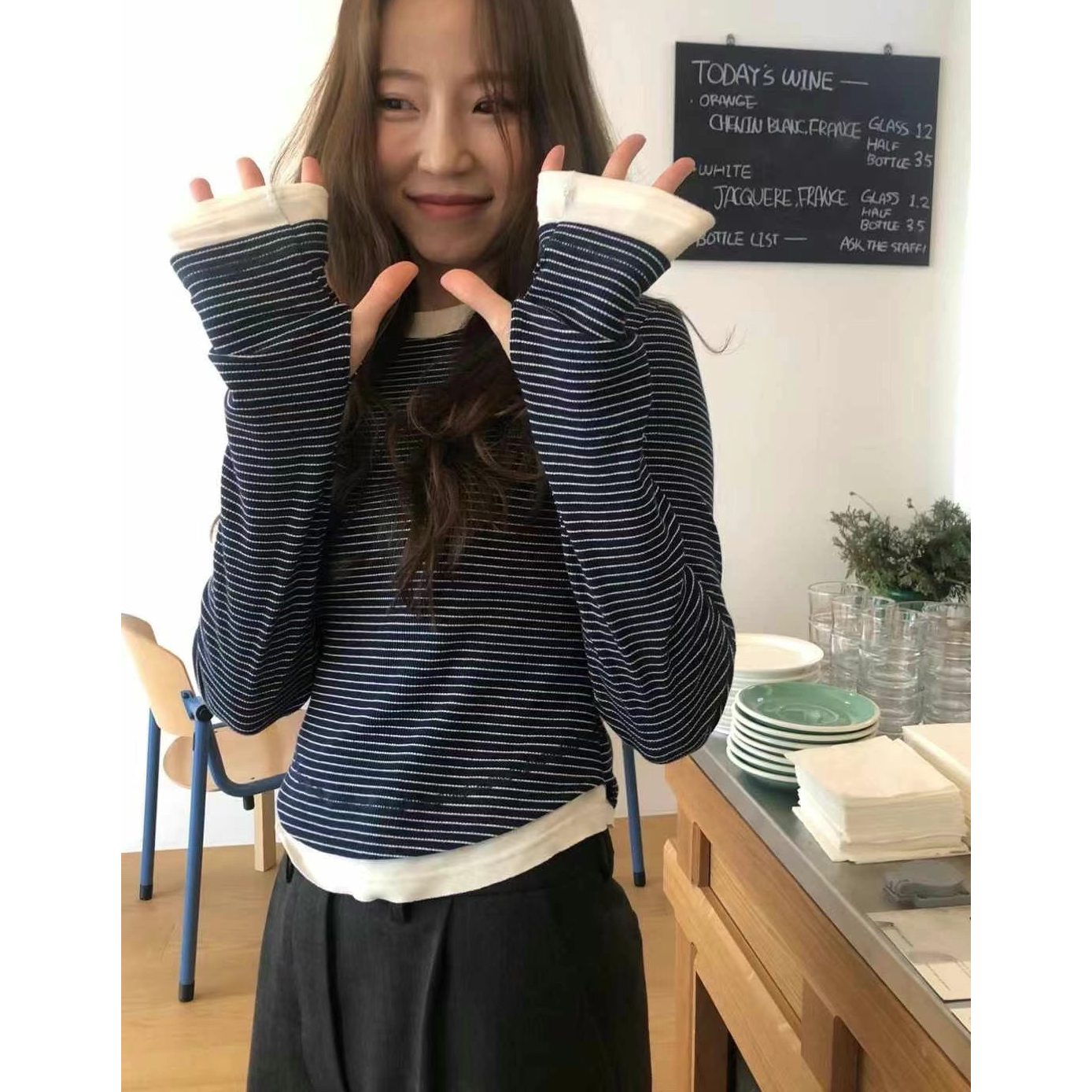 秒发！万能打底25早秋韩国东大门通勤休闲撞色条纹长袖T恤上衣女
