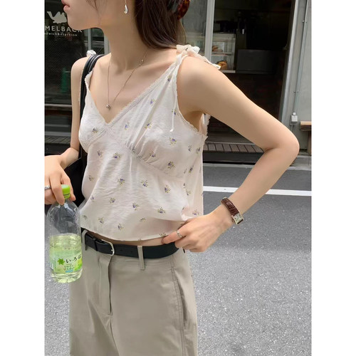 现货！OUNCE碎花吊带韩国26夏季新款甜美纯欲韩系V领显瘦上衣女